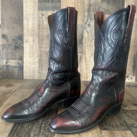 Lucchese 2000 Black Cherry T3203S Leather Inlay Cowboy Boots Mens 10.5 D - Picture 2 of 12